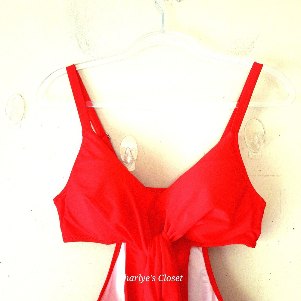 Red Cutout Monokini Swimsuit M/L NWOT Front Tie One Piece Beachy Vacation Vixen - Picture 3 of 10